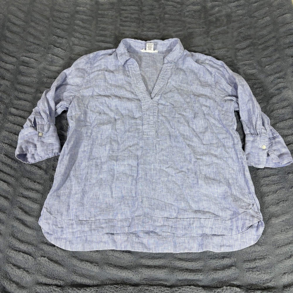 Workshop Republic Clothing Blue White Striped 100% Linen Tunic Henley Shirt XL